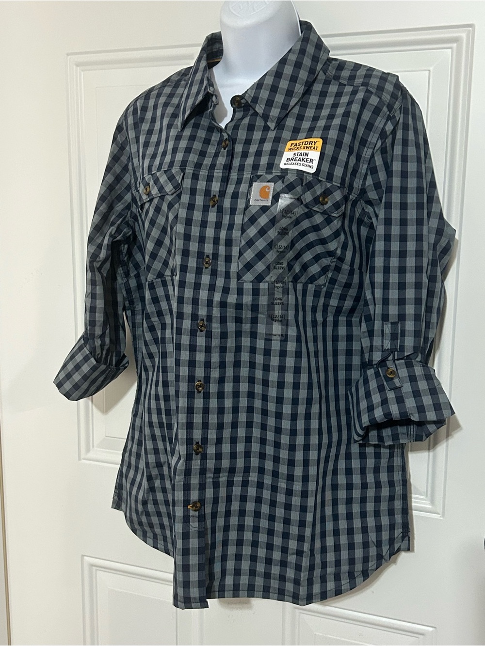 Carhartt Women's Navy and Gray Plaid Button-Up Shirt